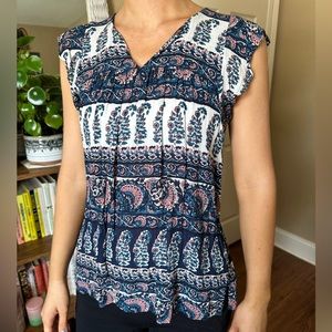 LOFT Small Petite Babydoll teal & pink Aztec patterned pullover blouse.